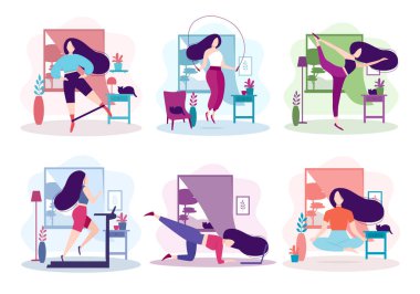 Evde bir takım spor aktivitesi. Fitness ve sağlıklı yaşam tarzı. Odada meditasyon yapan güzel bir kız elastik bantla bacak sallama egzersizi yapan, koşu bandında koşan. İzole vektör illüstrasyonu