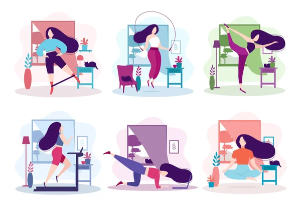 Evde bir takım spor aktivitesi. Fitness ve sağlıklı yaşam tarzı. Odada meditasyon yapan güzel bir kız elastik bantla bacak sallama egzersizi yapan, koşu bandında koşan. İzole vektör illüstrasyonu