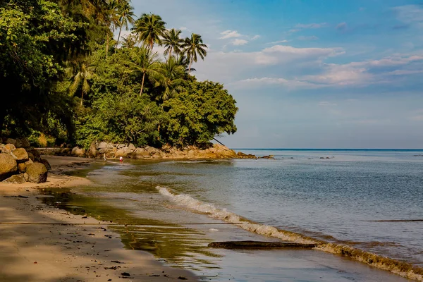 Güzel deniz manzarası. Deniz, dağlar, gökyüzü, gün batımı ve palmiye ağaçları. Phuket, Tayland adanın güzel yerleri.