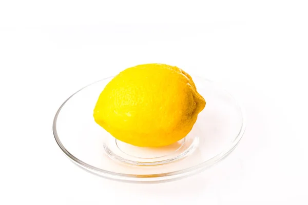 Yellow Lemon Transparent Glass Plate White Background Lemon Tea — Stock Photo, Image