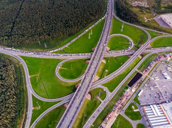 Straßenkreuzung Und Stau Von Autos Panorama Aus Der Höhe — Stockfoto