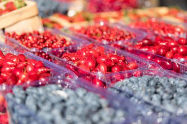 Sebze pazarında tepsilerde olgun meyveler. Yaz hasadı.