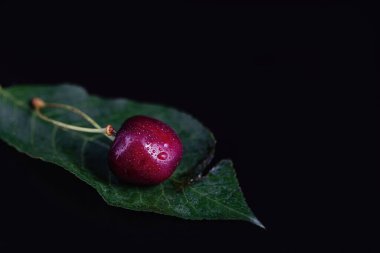 Siyah arka planda, ahşap bir kasede yaprakları olan kiraz meyvesi..