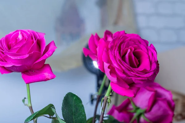 Wspaniały Bukiet Pięknych Świeżych Kwitnących Róż Wazonie Stole Koncepcja Prezentu — Zdjęcie stockowe