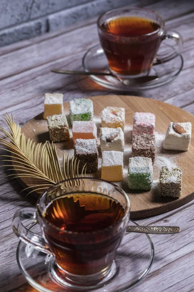 Oriental Sweets Wooden Plate Cup Tea — Stock Photo, Image