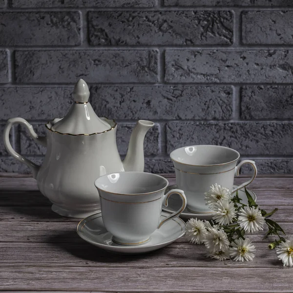 Teapot Tea Cups Wooden Table Sprig White Aster — Stock Photo, Image