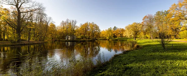 俯瞰湖水与树木的秋景全景 — 图库照片