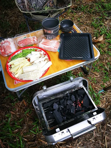 Barbecue Stainless Stove Meat Seafood Grilled Camping Cooking — Stock Photo, Image