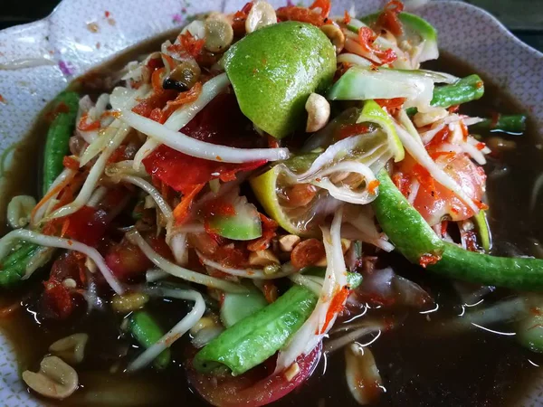 Würzige Papaya Mit Schwarzem Krabbenthailand Genannt Bauernkrabbe Und Frischen Garnelen — Stockfoto