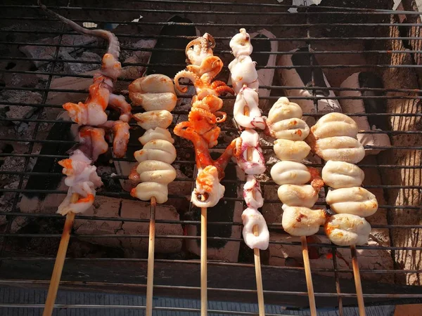 Sušené Chobotnice Grilu Obchod Oblasti Potravin Řídit Thajsku — Stock fotografie