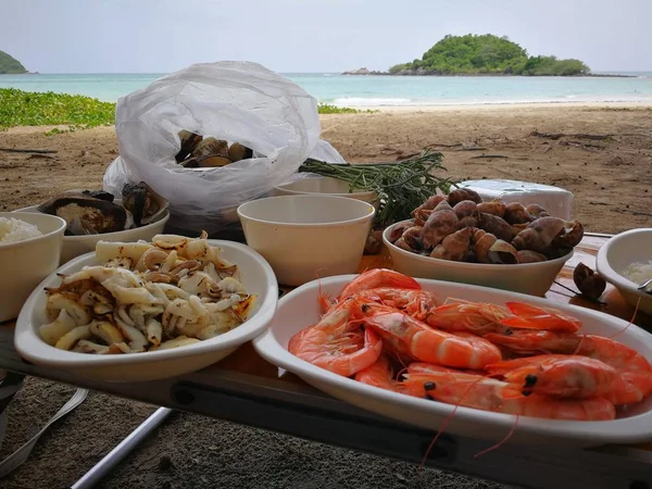 seafood barbecue on beach in Thailand