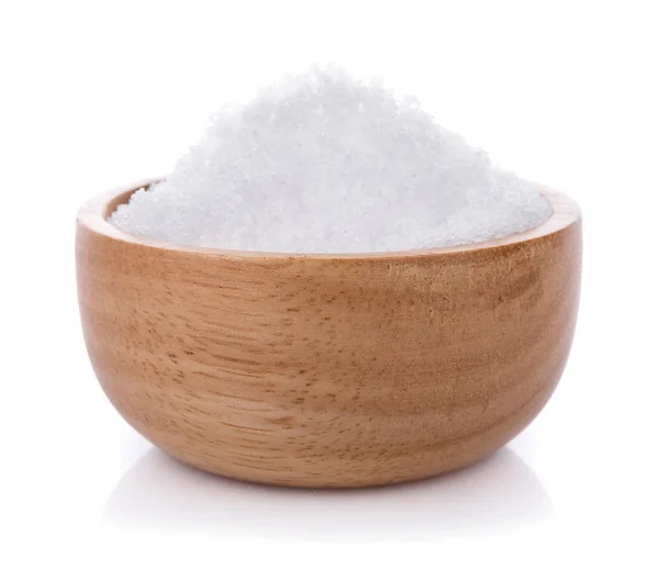 Sea salt on wooden bowl isolated on white background — Stock Photo, Image