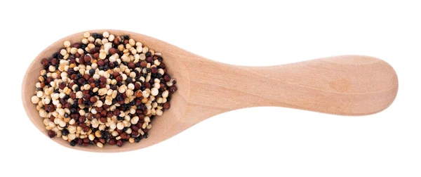 Sementes de quinoa reais em uma colher de madeira isolada em branco — Fotografia de Stock