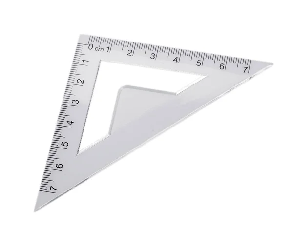 Plastik cetvel, beyaz arka planda izole iletki üçgen — Stok fotoğraf
