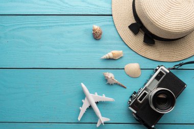 Yaz tatil arka plan, seyahat ve tatil öğeler ahşap t