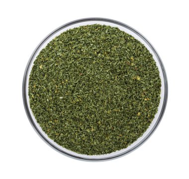 Beyaz arka plan üzerinde izole kase kurutulmuş maydanoz