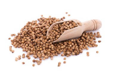 Beyaz arka planda kaşık tahtasındaki kişniş tohumları