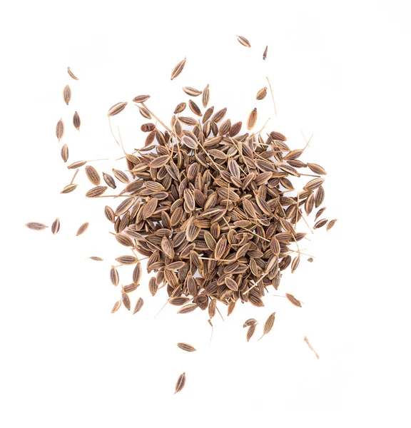 Pilha de sementes de alcaravia isoladas em fundo branco — Fotografia de Stock