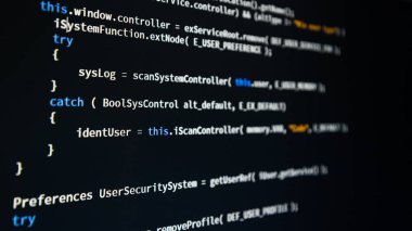 Yazılım Geliştirici programlama kodu. Soyut bilgisayar komut dosyası kodu. Alan, seçici odak etkisi sığ derinliği.