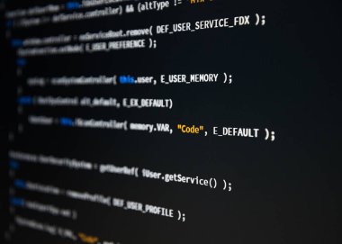 Yazılım Geliştirici programlama kodu. Soyut bilgisayar komut dosyası kodu. Alan, seçici odak etkisi sığ derinliği.