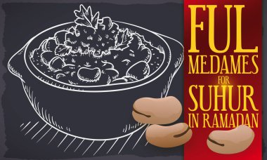 Yazı tahtası üzerinde elle çizilmiş stilinde lezzetli mısır ful medames ile banner: fava fasulye Suhur Müslüman ramazan ayında sırasında bitkisel yağ, domates ve maydanoz ile hizmet pişmiş.