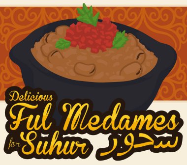 Lezzetli ful medames tencereye Arap deseni ile şerit üzerinde (Arapça hat yazılı) Suhur ramazan kutlamaları sırasında görev yaptı.