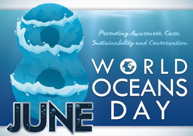 Poster sakin sualtı manzaralı, okyanuslar bakım ve sayı teşvik bazı emirleri sekiz çevreleyen ile çevresinde 8 Haziran Dünya Okyanus günü anma için dalgalar.