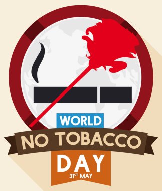 Kırmızı gül yasağı sinyal üzerinde sigara piktogram dünya Hayır tütün günü için düz stil şekillendirme ile yuvarlak düğmesi.