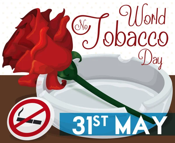 Manifesto Con Rosa Rossa Posacenere Simboli Della Lotta Contro Tabacco — Vettoriale Stock