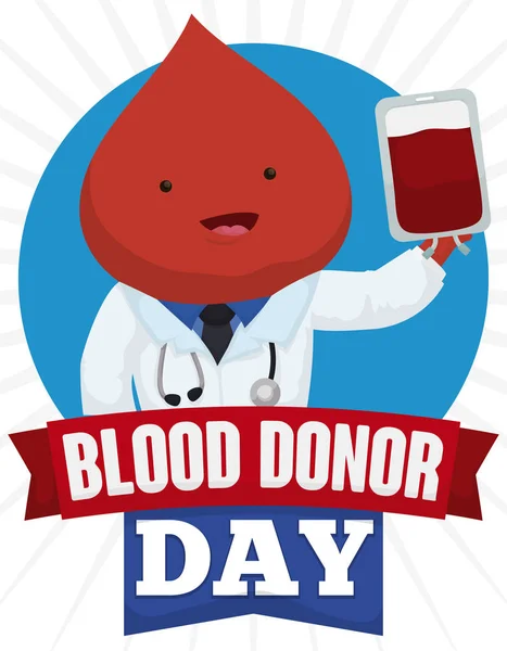 Счастливая Капля Крови Врача Держащего Пакет Кровью Продвигающего Донорство Время — стоковый вектор