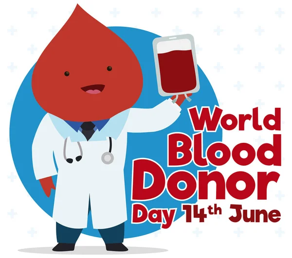 Şirin kan damlası stetoskop tıbbi ceket giyen ve kan torbası dünya kan donör günü için 14 Haziran içinde tutan bir doktor gibi.