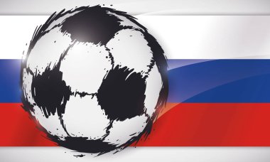 Rusya Futbol Şampiyonası için arka planda Rus bayrağı üzerinde çalışırken hızlı futbol topuyla banner.