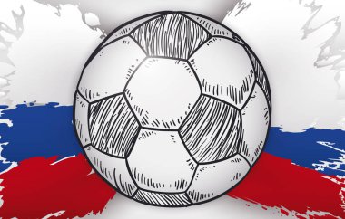Afiş bir sıçrama ile Rus renkleri ve bir futbol topu ile el uluslararası futbol olay için stil çizilmiş.