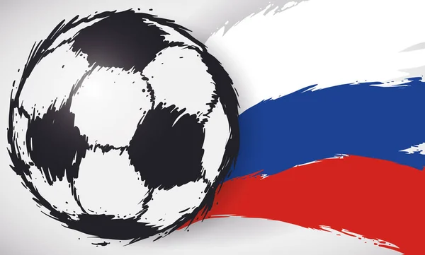 Banner Con Una Pelota Fútbol Rápido Bandera Rusia Estilo Pincelada — Vector de stock