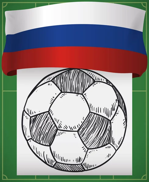Campo Fútbol Con Bandera Rusa Pelota Estilo Dibujado Mano Listo — Vector de stock