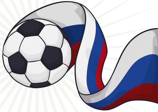 Balón Fútbol Volando Alto Con Una Bandera Rusia Ondeando Para — Vector de stock
