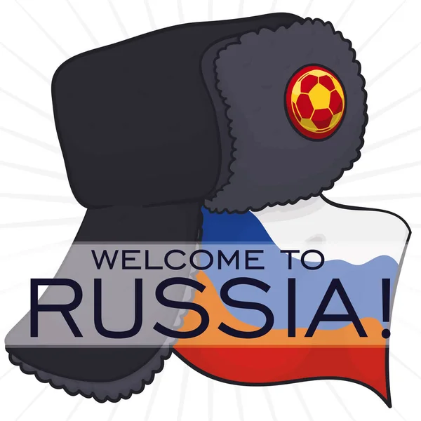 Εορταστική Ushanka Καπέλο Διακοσμημένη Κουμπί Ποδόσφαιρο Μπάλα Σιλουέτα Ρωσική Σημαία — Διανυσματικό Αρχείο
