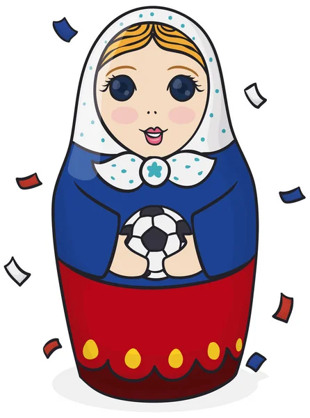 Poster Cute Female Matryoshka Doll Wearing Colors Russia Holding Soccer — Stock Vector