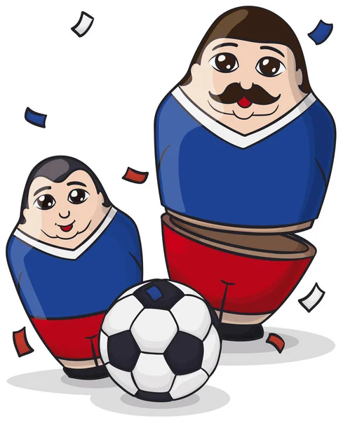 Muñecas Matryoshka Masculinas Divertidas Pintadas Como Jugadores Fútbol Pelota Bajo — Vector de stock