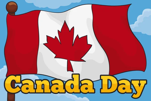Плакат Размахивающим Канадским Флагом Кленовым Листом Деревянном Флагштоке Золотым Приветствием — стоковый вектор
