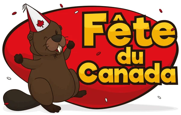 Баннер Счастливым Бобром Шляпе Празднующий День Канады Написан Французском Языке — стоковый вектор