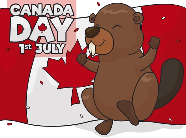 Нежный Бобр Празднует Конфетти Над Размахивая Флагом День Канады Июля — стоковый вектор
