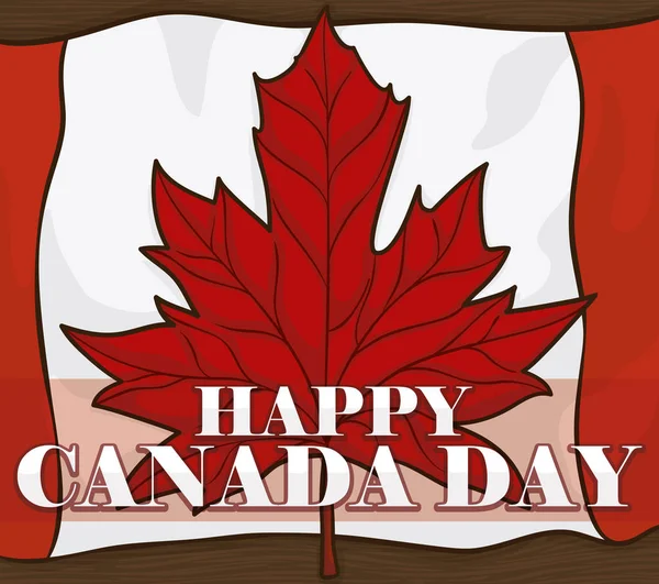 Minnesmynt Affisch Med Ett Realistiskt Lönnlöv Över Kanadas Flagga Trä — Stock vektor