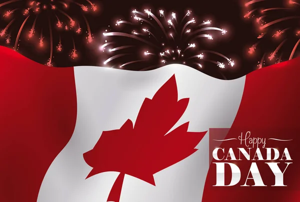 Cartel Con Una Bandera Canadiense Ondeando Una Noche Con Fuegos — Archivo Imágenes Vectoriales