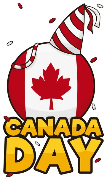 Круглая Кнопка Дизайном Флага Канады Украшенная Шляпой Вечеринок Стримерами Конфетти — стоковый вектор