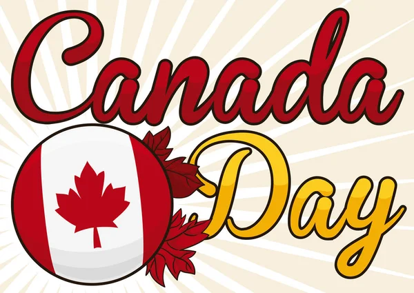 Круглая Кнопка Изображением Канадского Флага Украшенная Кленовыми Листьями Глянцевым Текстом — стоковый вектор