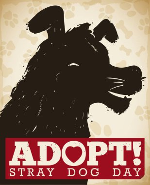 Köpek baş siluet ve farkındalık iletisi sokak köpek gün boyunca sokak köpek evlat edinmek için hatıra poster.