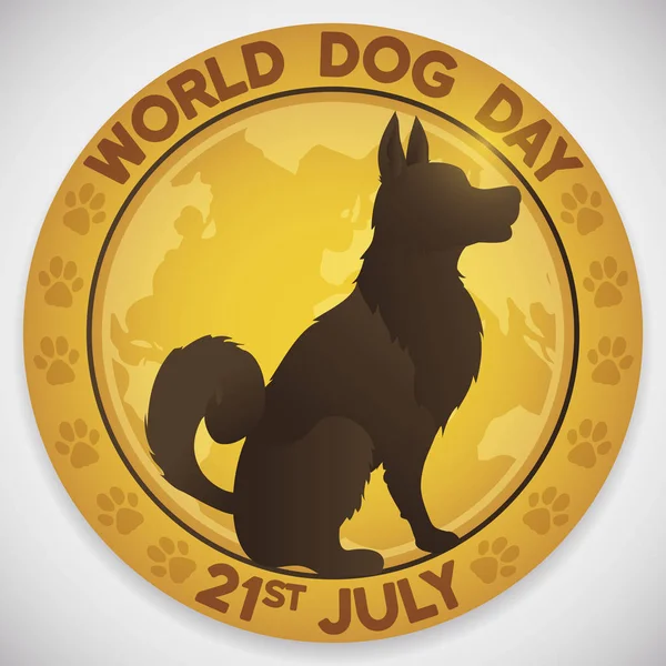 Golden medal with dog silhouette in it, greetings, some paw pattern and globe design for World Dog Day celebration in July 21.