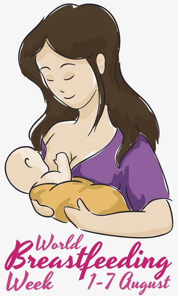 纪念海报与招标母亲喂养她的婴儿水彩风格和轮廓 纪念世界母乳喂养本周1至8月7日 — 图库矢量图片