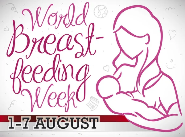 海报与爱妈妈剪影轮廓风格和一些涂鸦 抱着她的孩子和母乳喂养在世界母乳喂养本周 — 图库矢量图片
